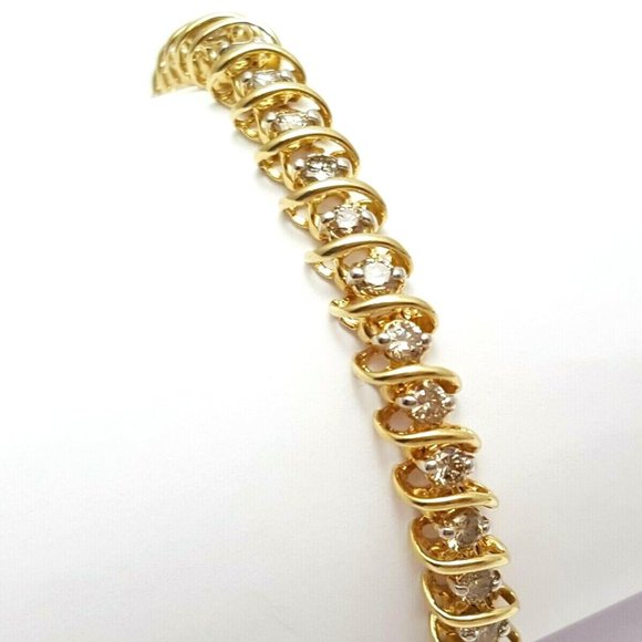 Elegant 14K Karat Yellow Gold Designer Link Tennis Bracelet With Diamonds - Picture 1 of 12